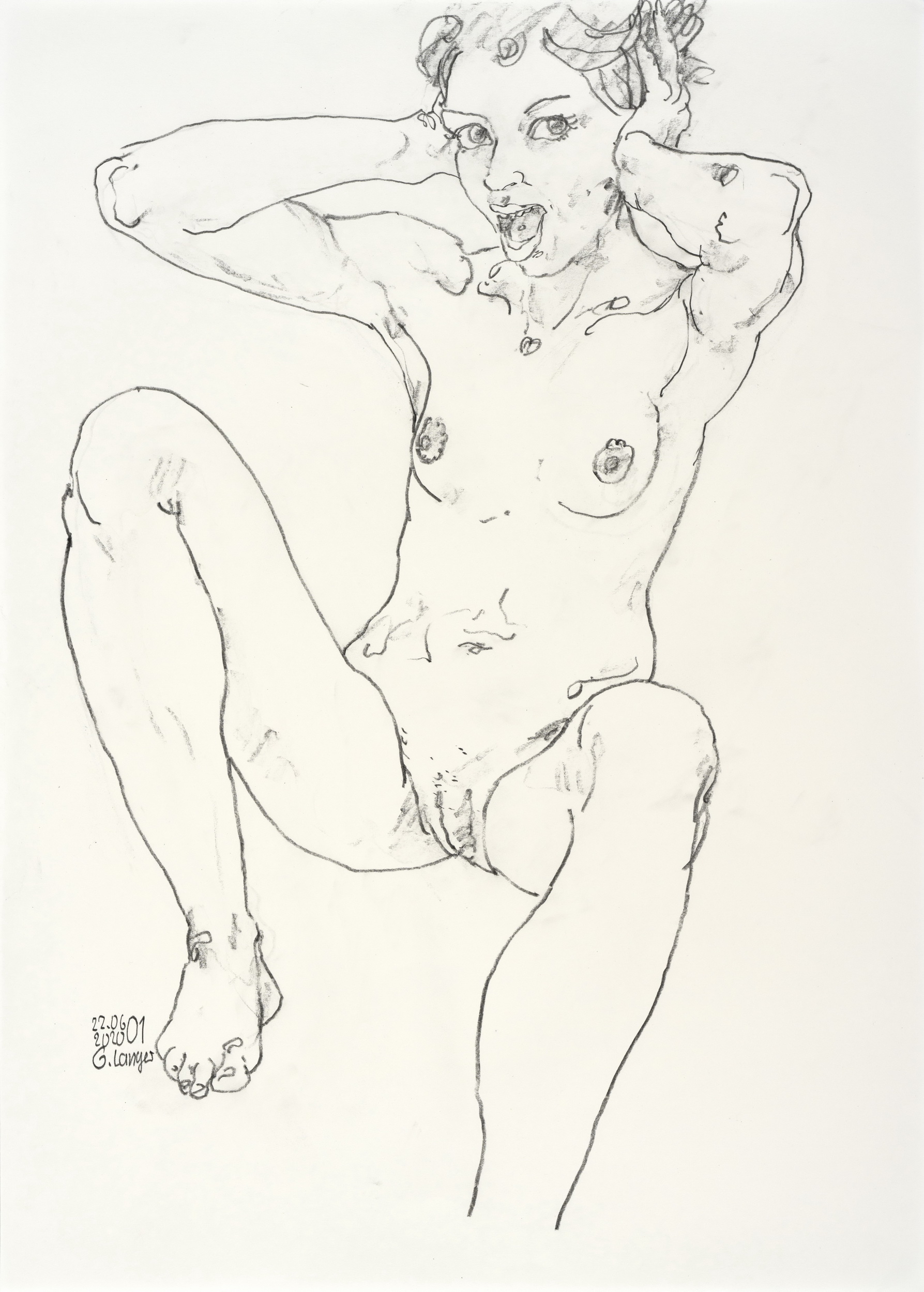 Gunter Langer, Sitzender Mädchenakt nach hinten gelehnt, 2020, Bleistiftzeichnung, Zeichenpapier, 70 x 51 cm